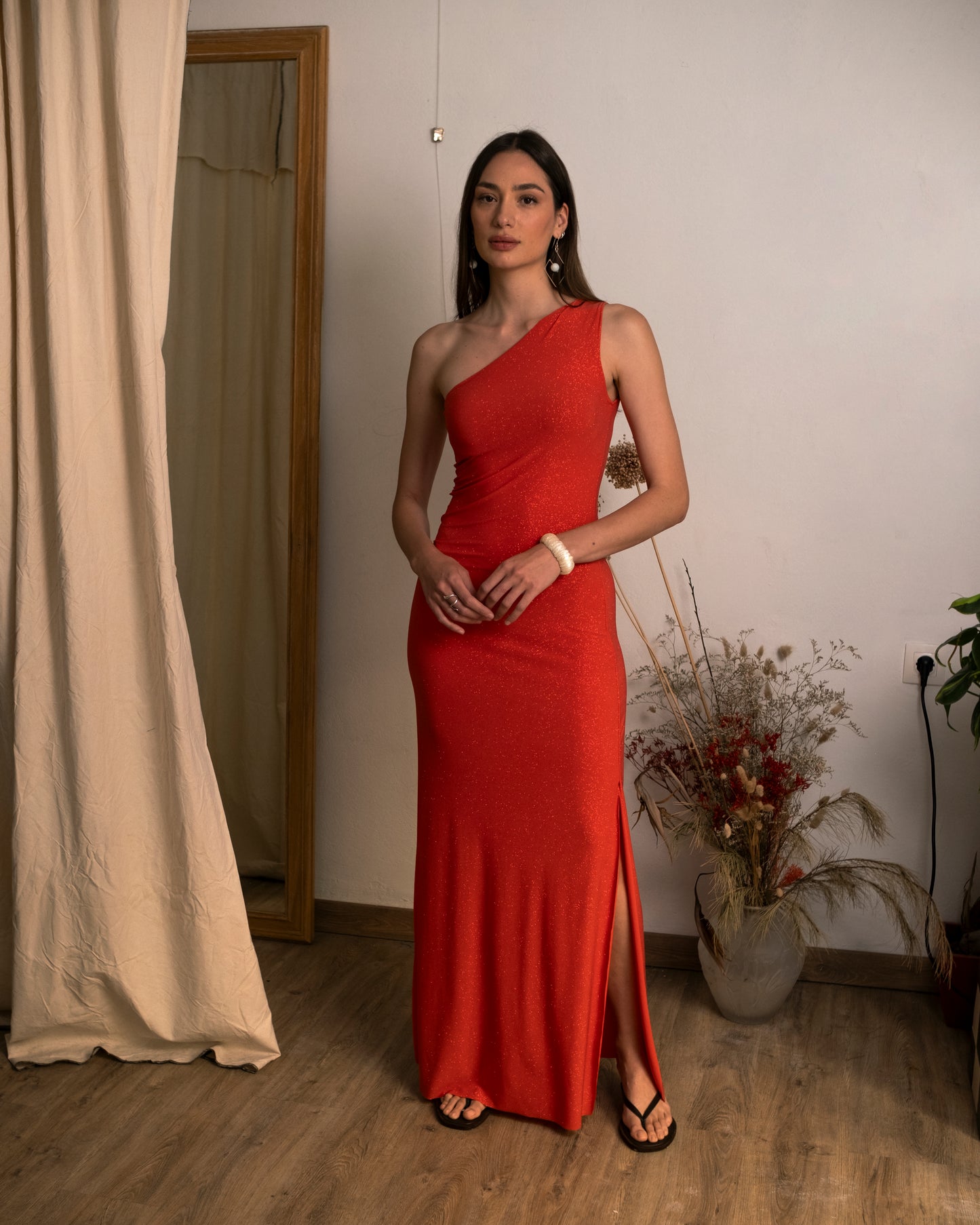 Sleek One-Shoulder Dress Coral