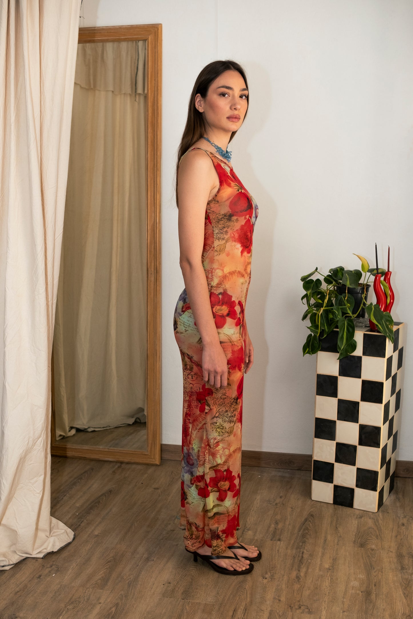 Floral Script Mesh Dress Red
