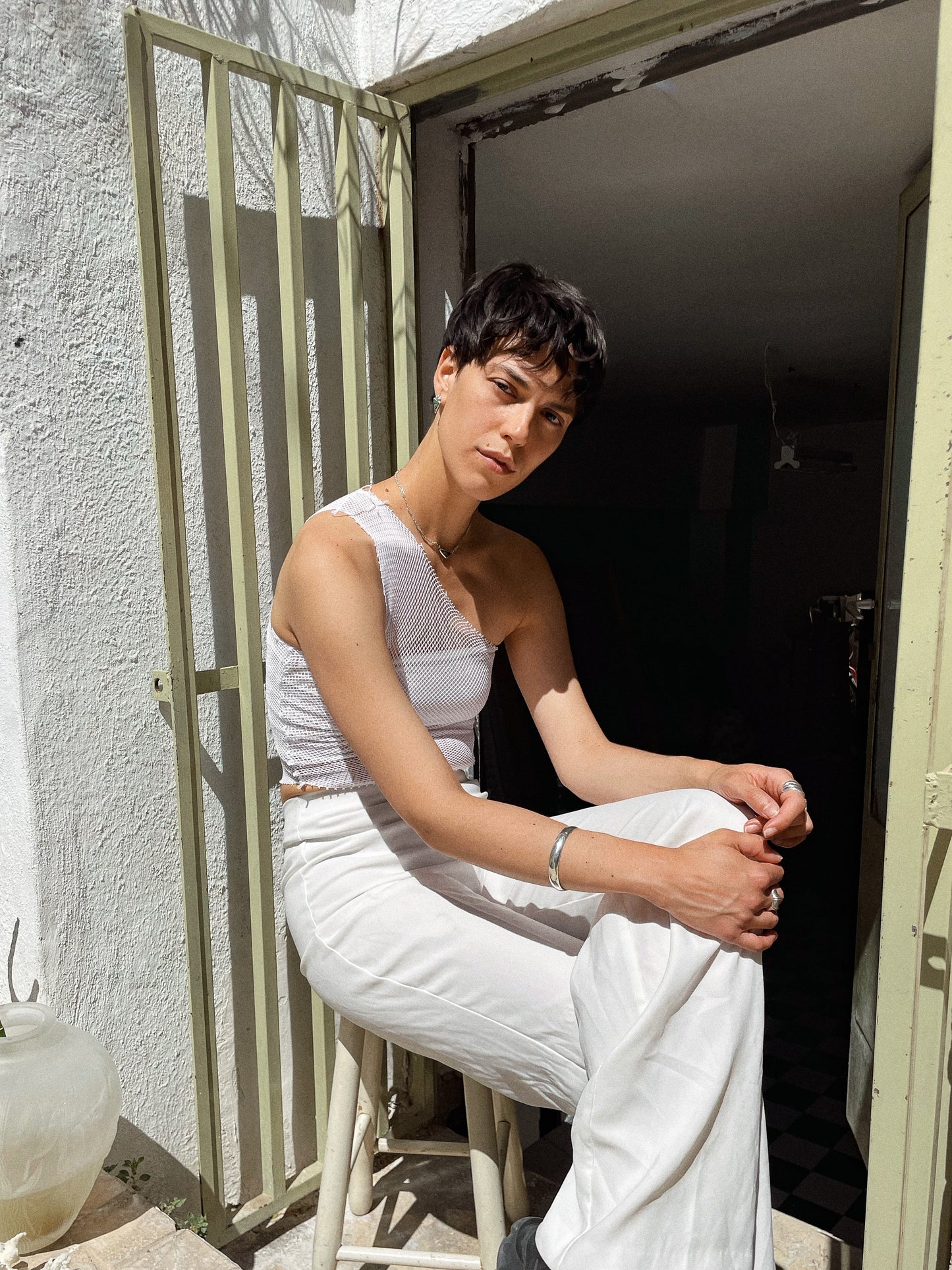 One shoulder fishnet top white