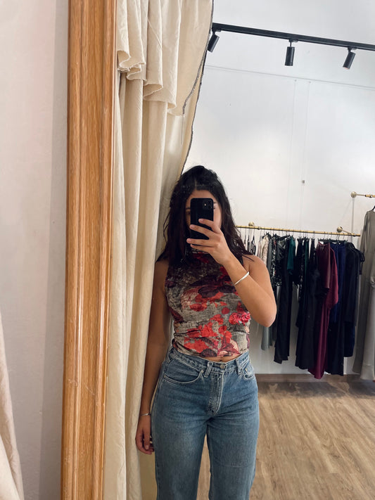 Silver Velvet Flower Top